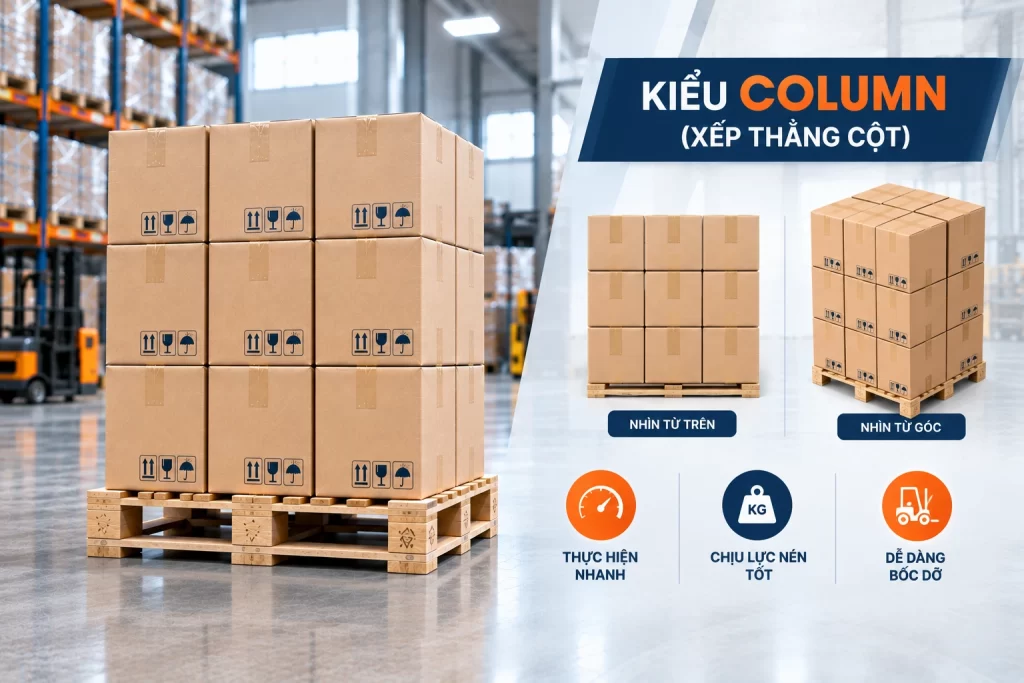 Xếp hàng lên pallet kiểu Column (xếp thẳng cột)
