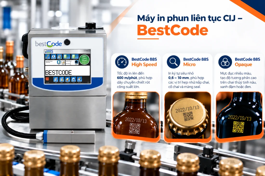 Máy in phun CIJ BestCode – in date rõ nét trên chai, nắp và bao bì rượu