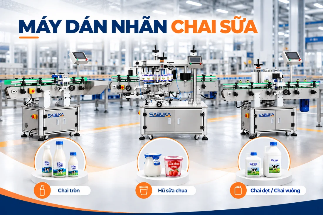 Máy dán nhãn chai sữa tự động cho nhiều dạng bao bì