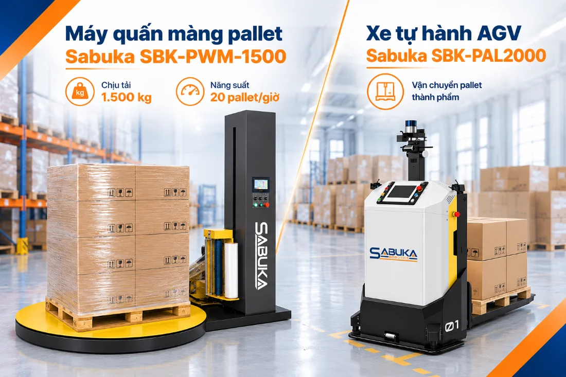 Máy quấn màng pallet và xe tự hành AGV