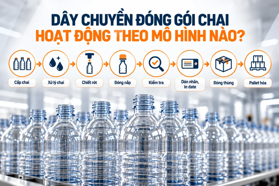 Dây chuyền đóng gói chai hoạt động theo mô hình nào?