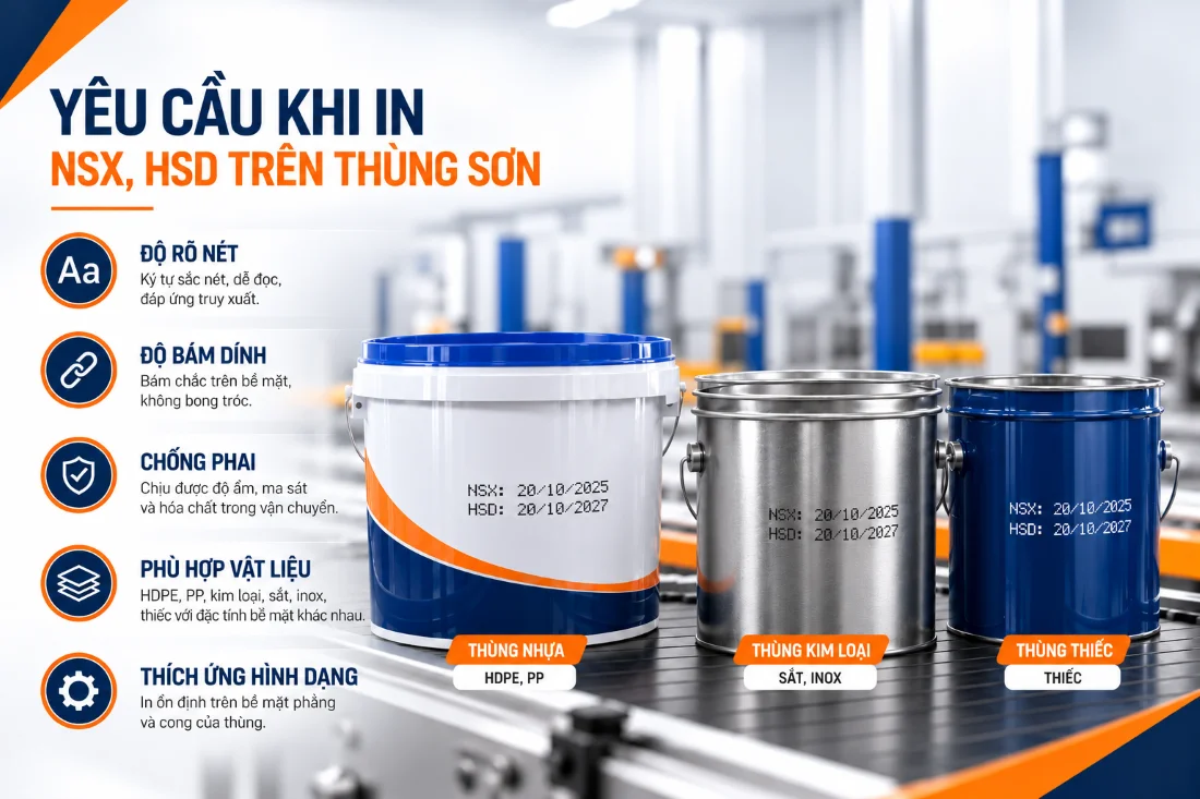 Yêu cầu máy in date thùng sơn về độ rõ nét, độ bám dính và khả năng chống phai
