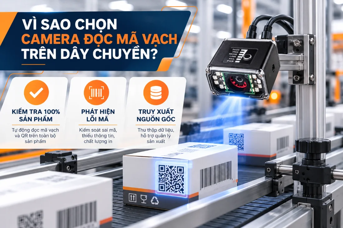 Camera đọc mã vạch tự động trên dây chuyền, hỗ trợ kiểm tra và truy xuất dữ liệu