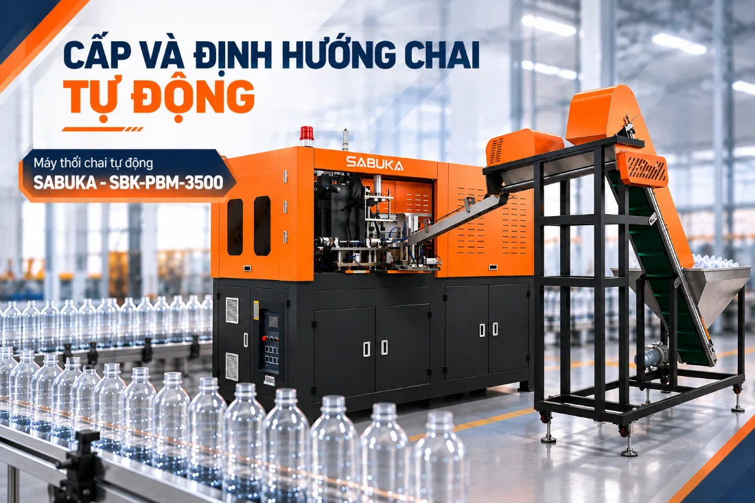 Máy thổi chai tự động SABUKA SBK-PBM-3500 trong dây chuyền đóng gói chai