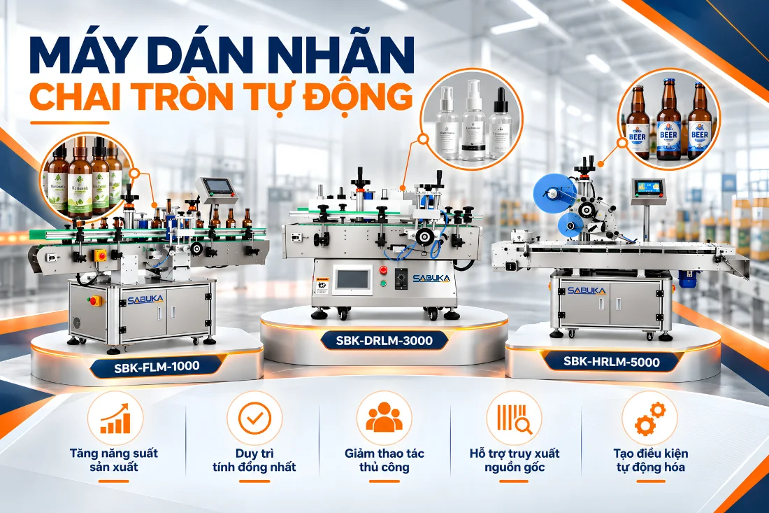Máy dán nhãn bao bì chai tròn tự động và để bàn