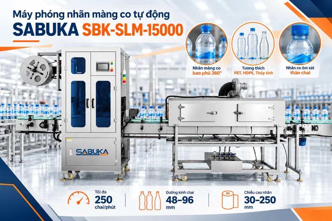 Máy phóng nhãn màng co chai nước suối tự động SABUKA SBK-SLM-15000