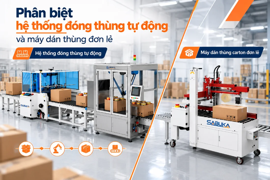 Phân biệt hệ thống đóng thùng tự động và máy dán thùng đơn lẻ