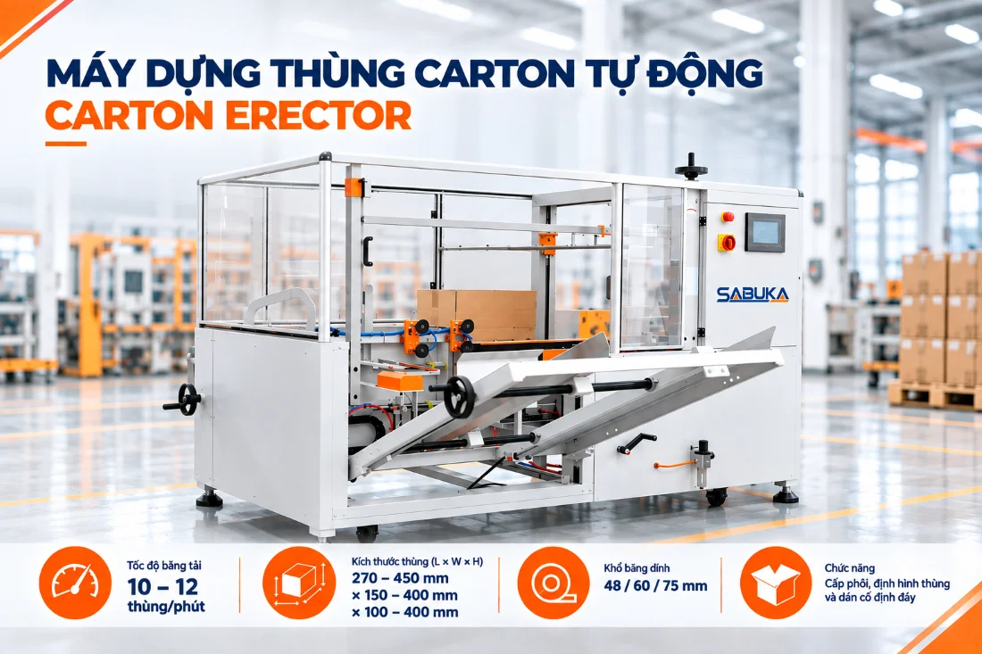Máy dựng thùng carton tự động Sabuka CE - 1000 – cấp phôi, định hình và dán đáy thùng