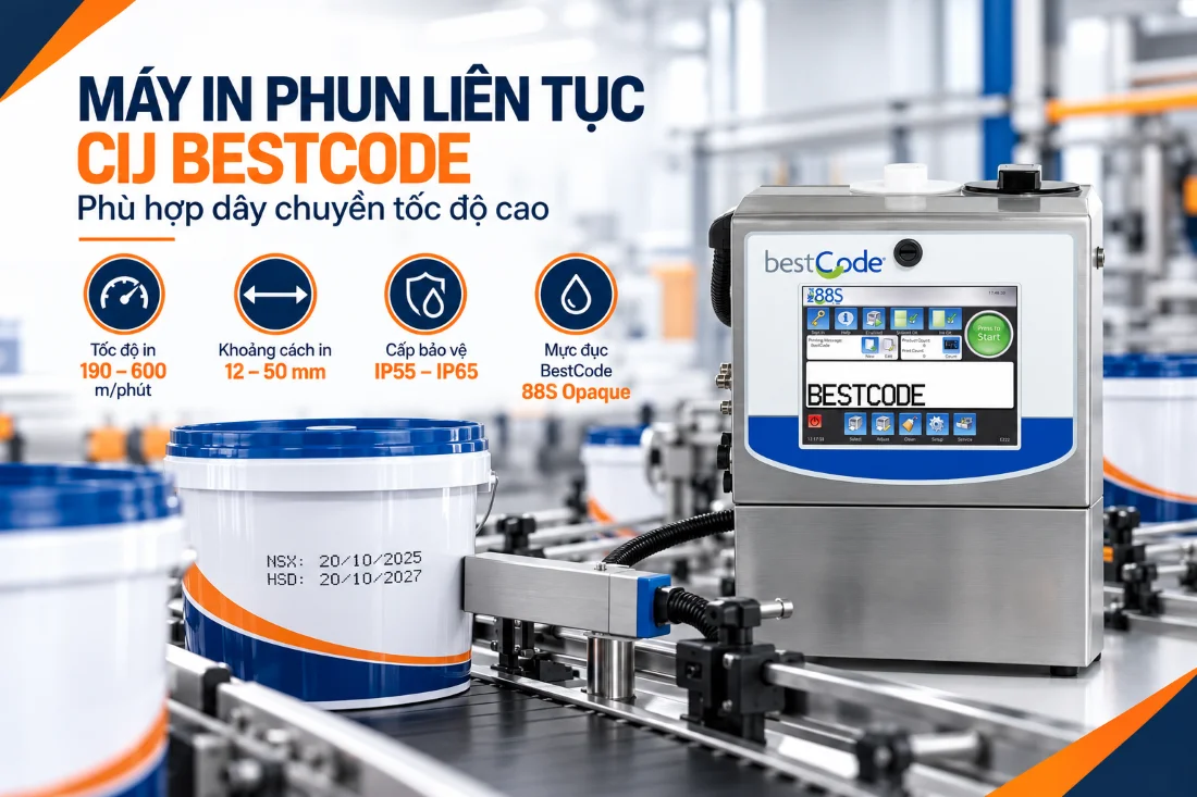 Máy in date thùng sơn CIJ BestCode phù hợp dây chuyền tốc độ cao