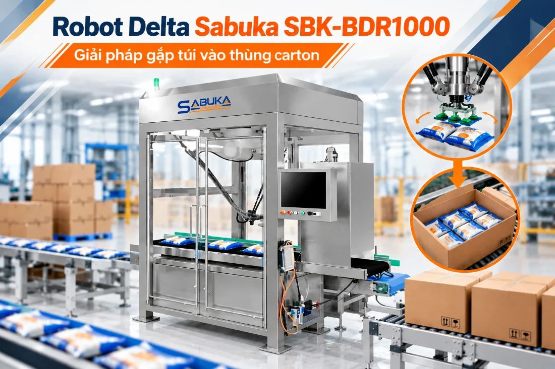 Robot đóng gói Delta Sabuka SBK-BDR1000 gắp túi vào thùng carton