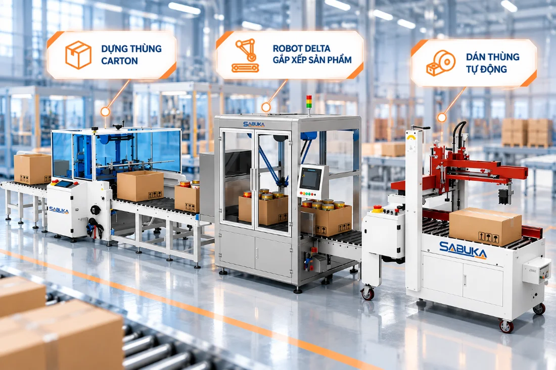 Dây chuyền đóng thùng và gắp xếp sản phẩm tự động