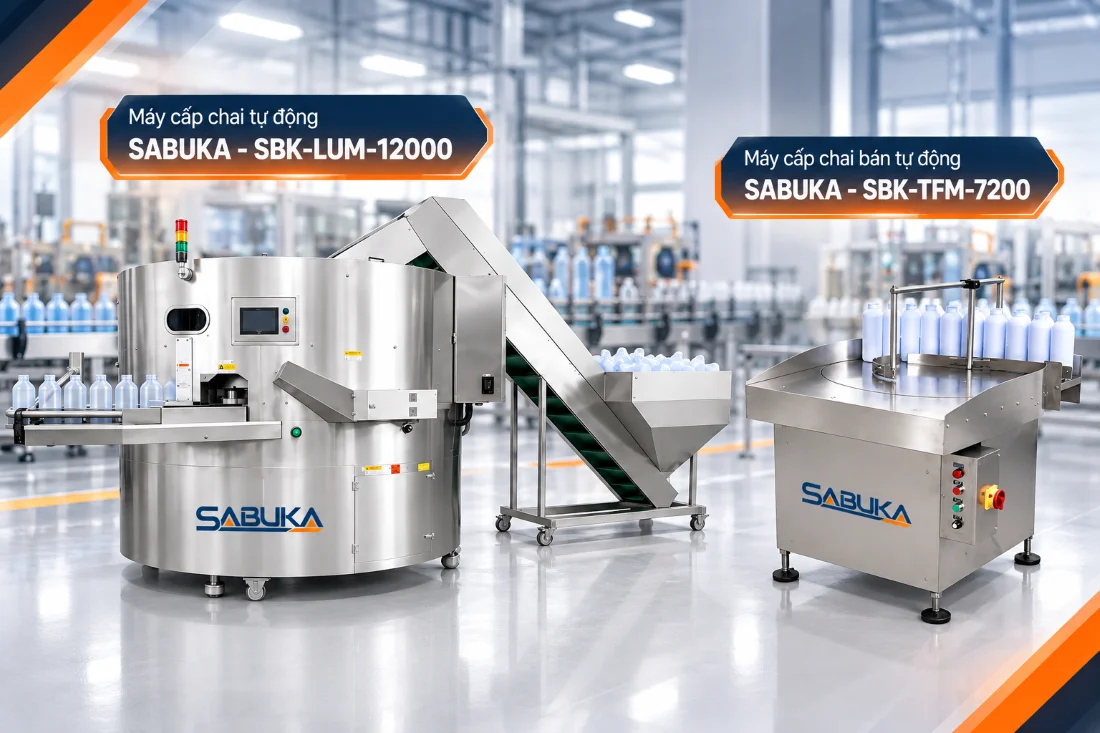 Máy cấp chai tự động và bán tự động SABUKA trong dây chuyền đóng gói chai