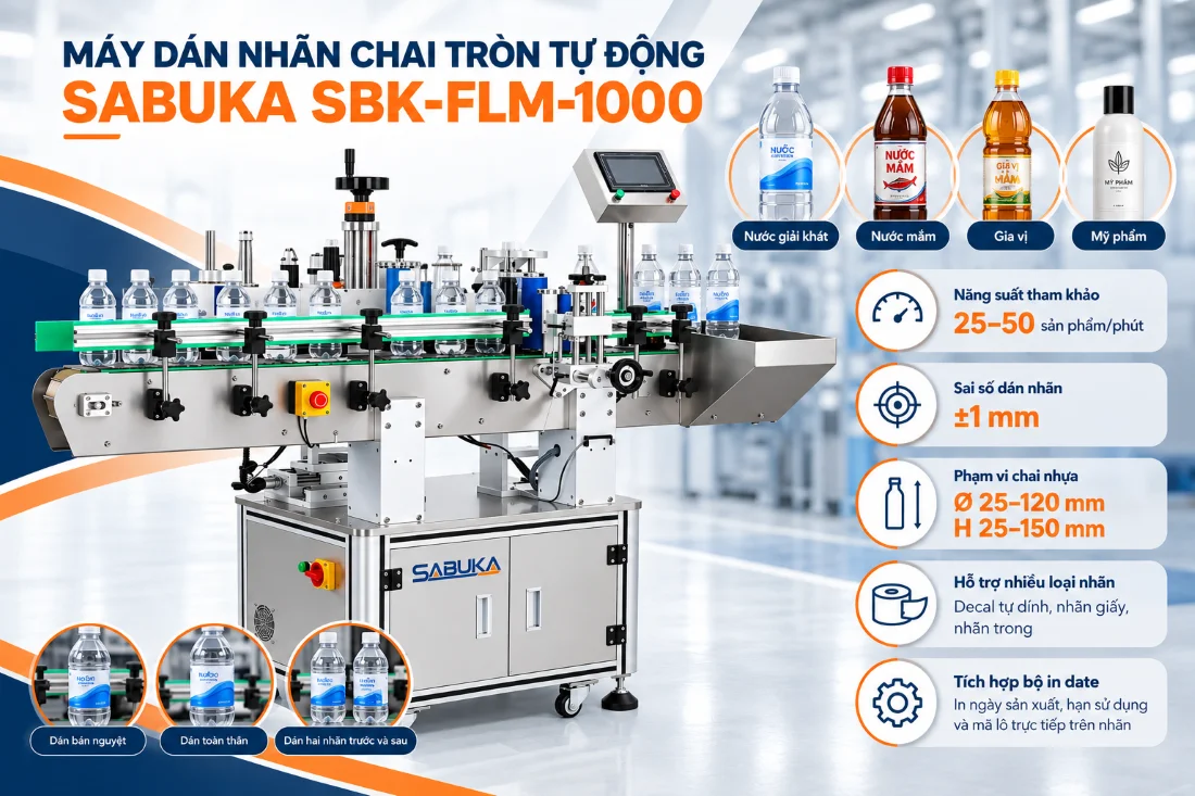 Máy dán nhãn chai nhựa tròn tự động Sabuka SBK-FLM-1000