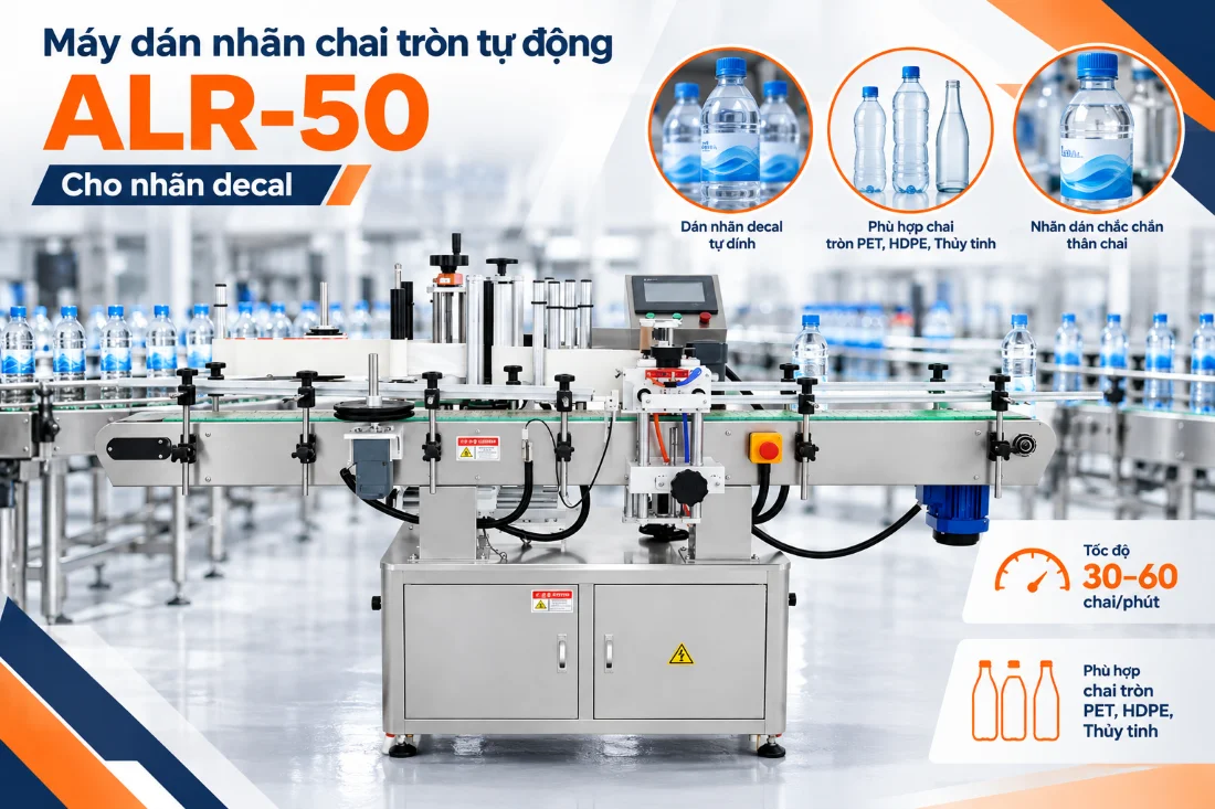 Máy dán nhãn chai nước suối tròn tự động ALR-50 cho nhãn decal