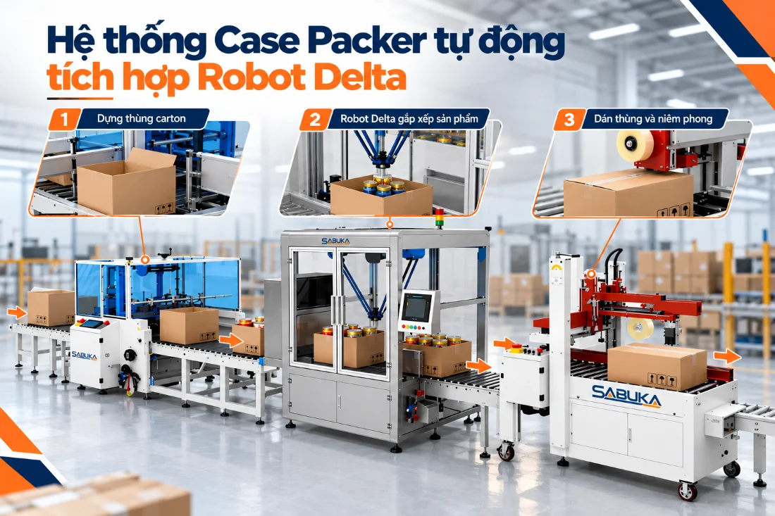 Máy đóng gói thùng carton với hệ thống Case Packer tự động