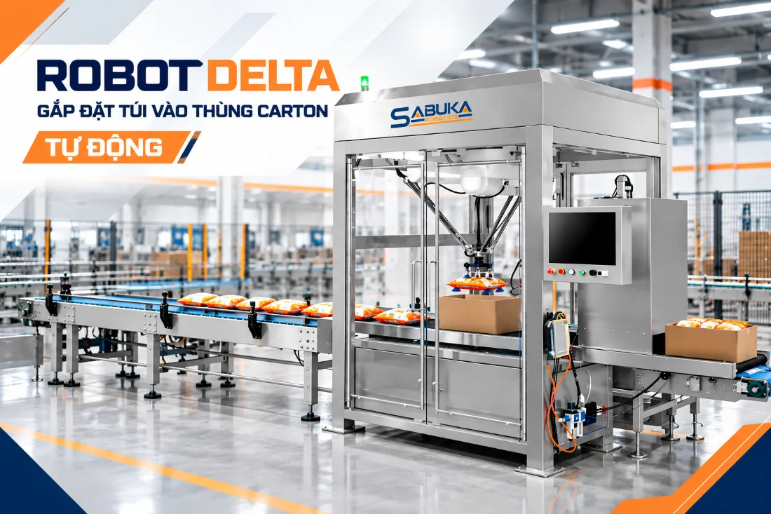 Máy đóng thùng carton với robot delta gắp đặt túi vào thùng carton
