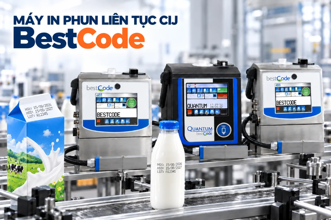 Máy in phun liên tục CIJ in NSX, HSD, LOT trên bao bì sữa.