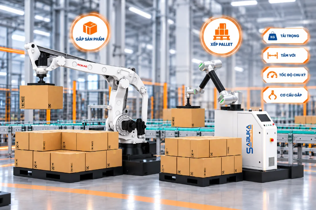 Hệ thống robot tự động gắp sản phẩm và xếp pallet trong dây chuyền sản xuất