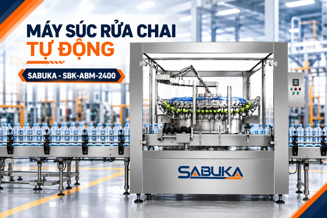 Máy súc rửa chai tự động SABUKA SBK-ABM-2400 trong dây chuyền đóng gói chai