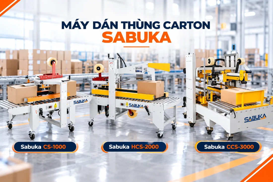 Hệ thống máy dán thùng carton Sabuka cho dây chuyền đóng gói tự động