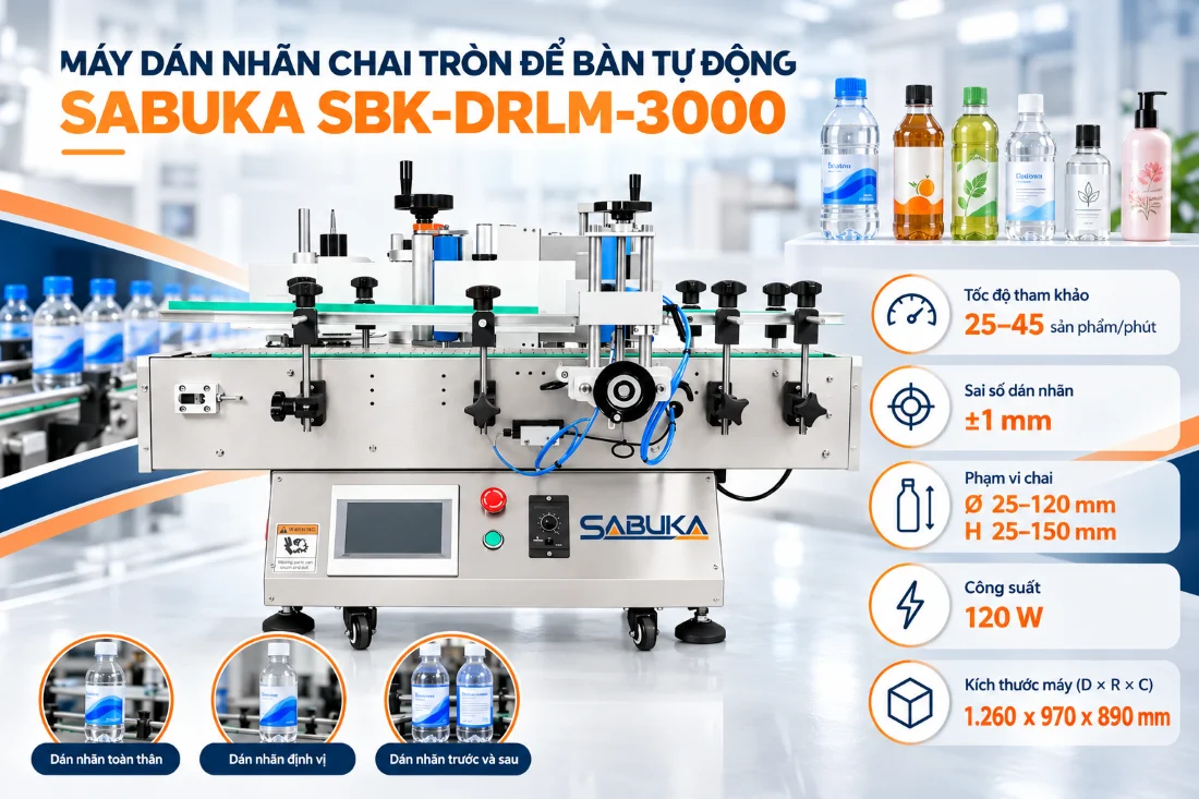 Máy dán nhãn chai nhựa tròn để bàn tự động Sabuka DRLM-3000