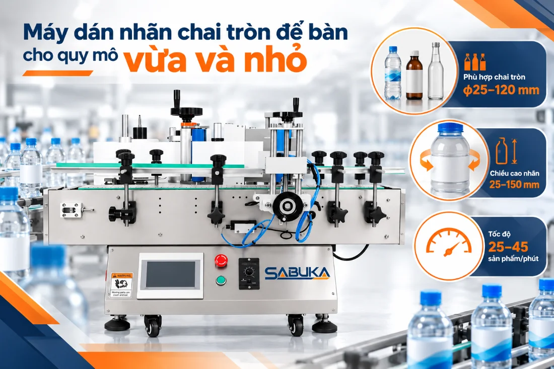 Máy dán nhãn chai nước suối tròn để bàn cho quy mô vừa và nhỏ