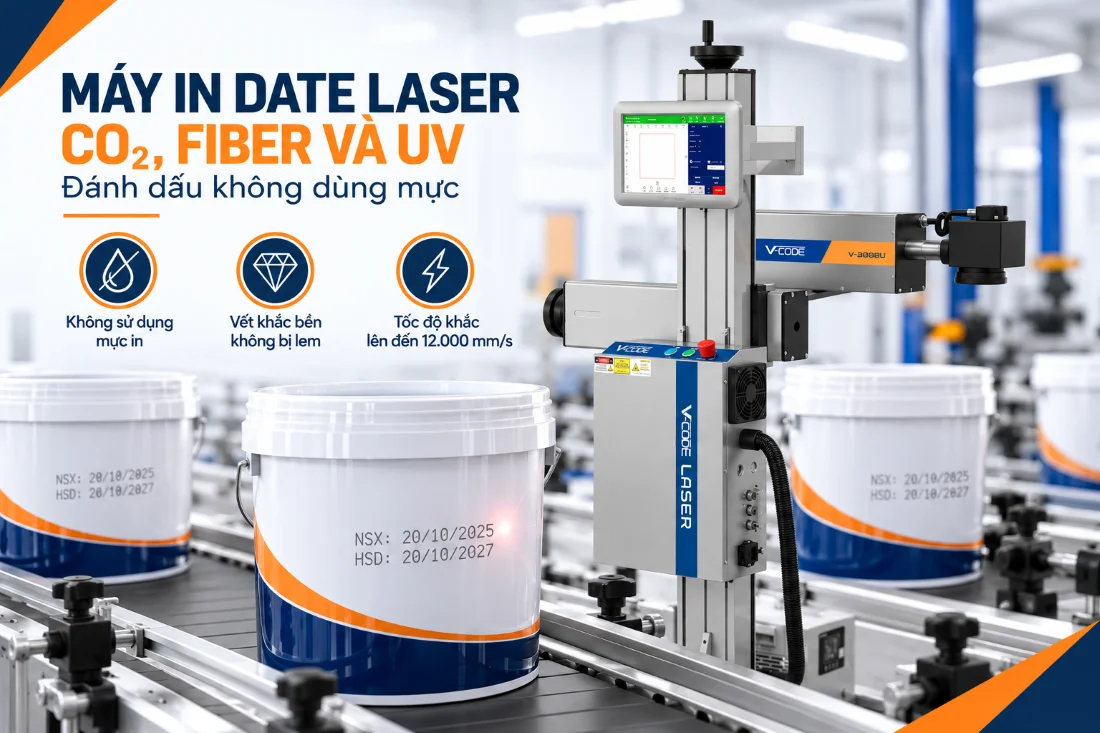 Máy in date thùng sơn laser CO₂, Fiber và UV đánh dấu không dùng mực