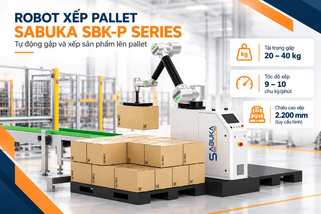 Robot xếp pallet Sabuka SBK-P Series gắp sản phẩm lên pallet tự động