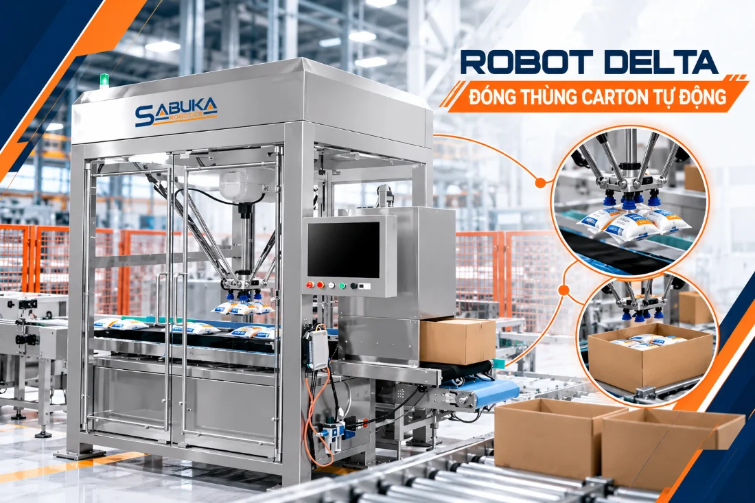 Robot Delta gắp sản phẩm và đóng thùng carton tự động