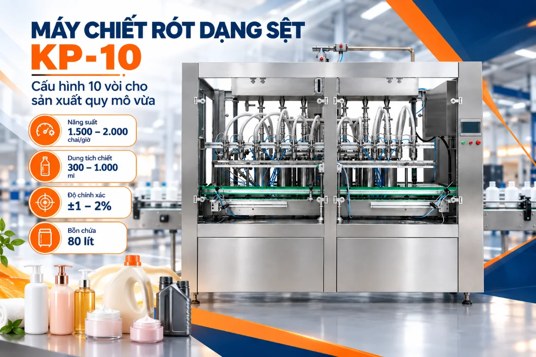 Máy chiết rót dung dịch đặc sệt KP-10 với 10 vòi cho sản xuất quy mô vừa