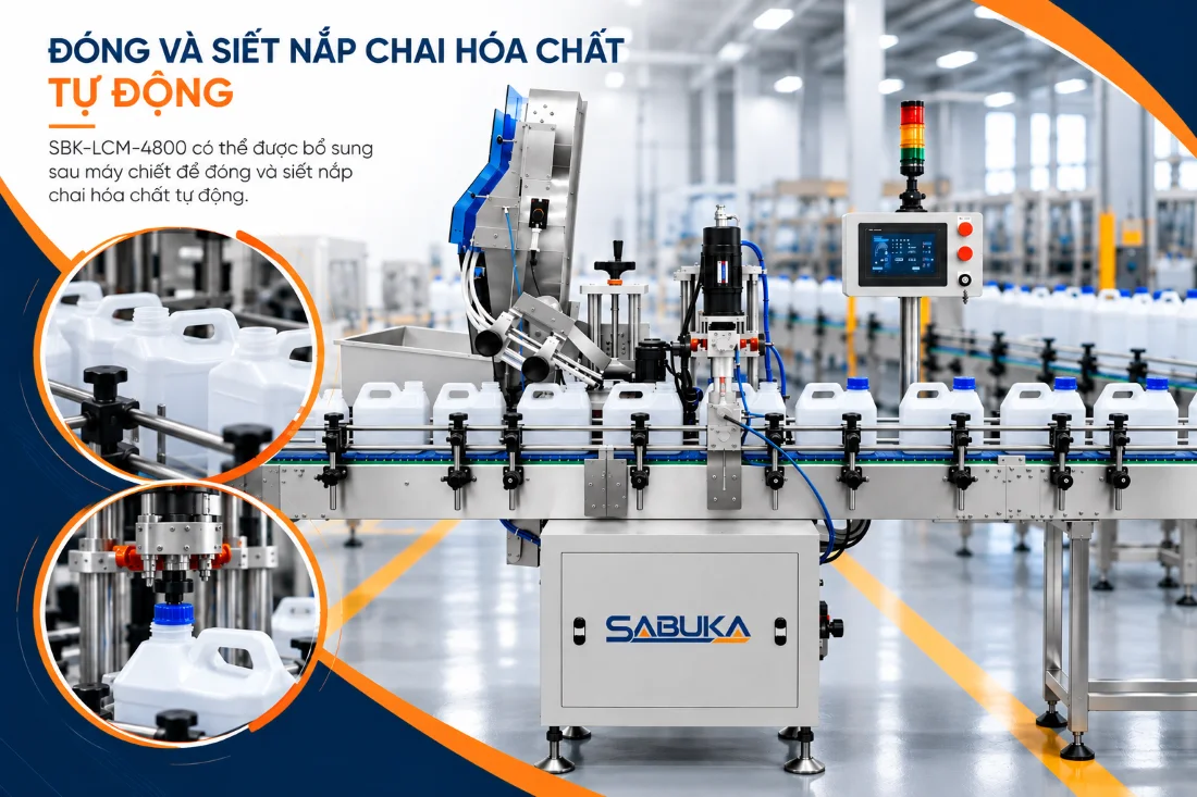 Máy đóng và siết nắp chai hóa chất tự động SBK-LCM-4800