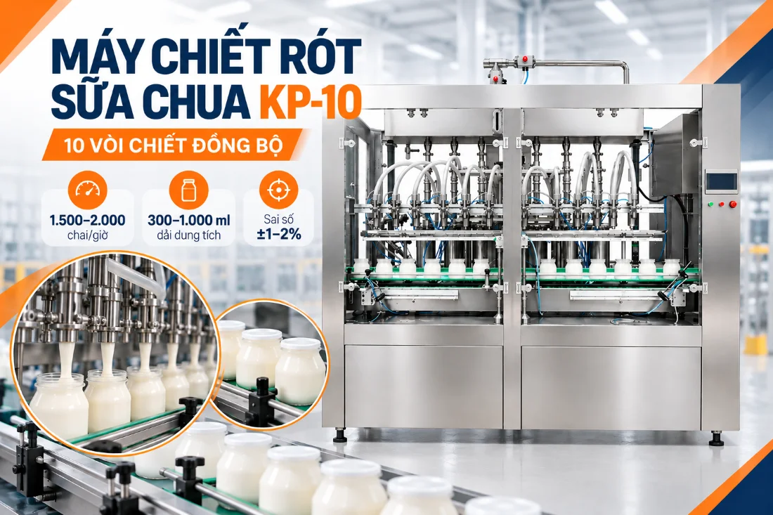Máy chiết rót sữa chua KP-10 với 10 vòi chiết đồng bộ