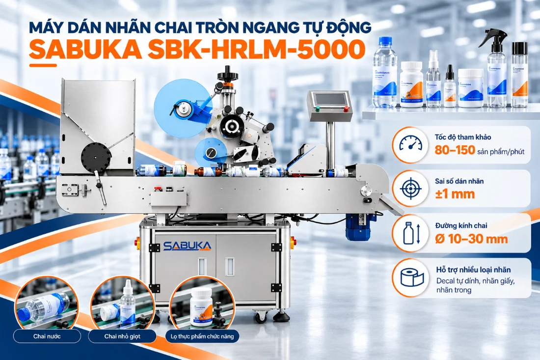 Máy dán nhãn chai nhựa tròn ngang tự động SBK-HRLM-5000