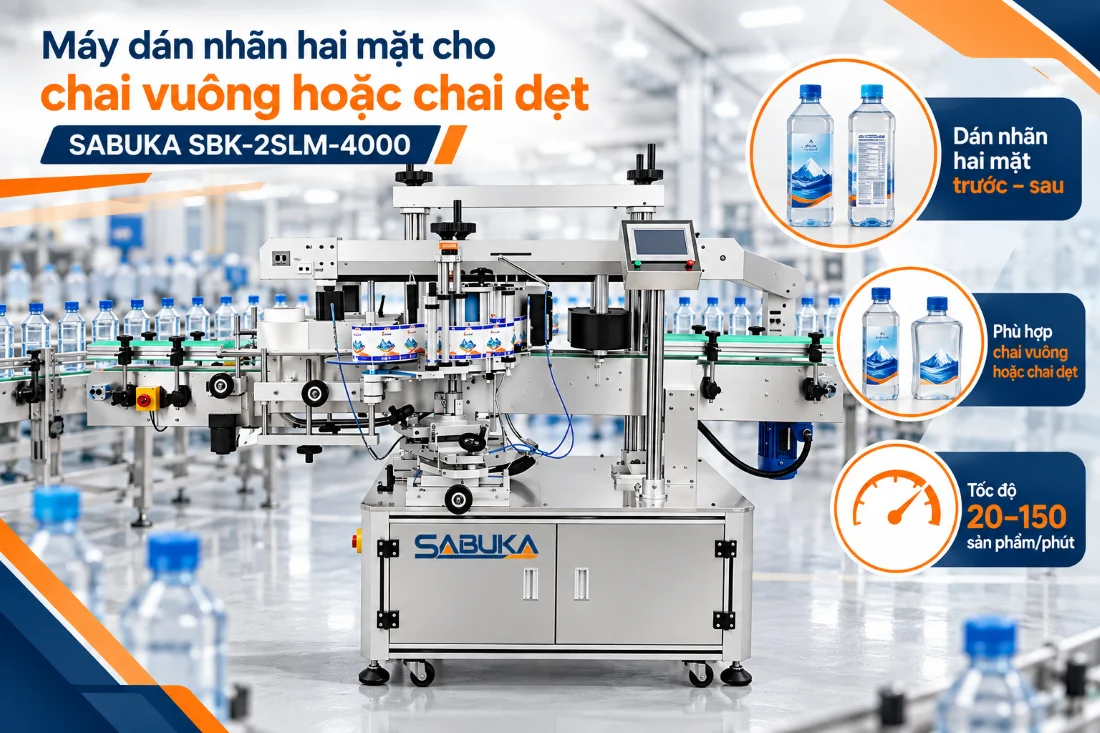 Máy dán nhãn chai nước suối hai mặt cho chai vuông hoặc chai dẹt