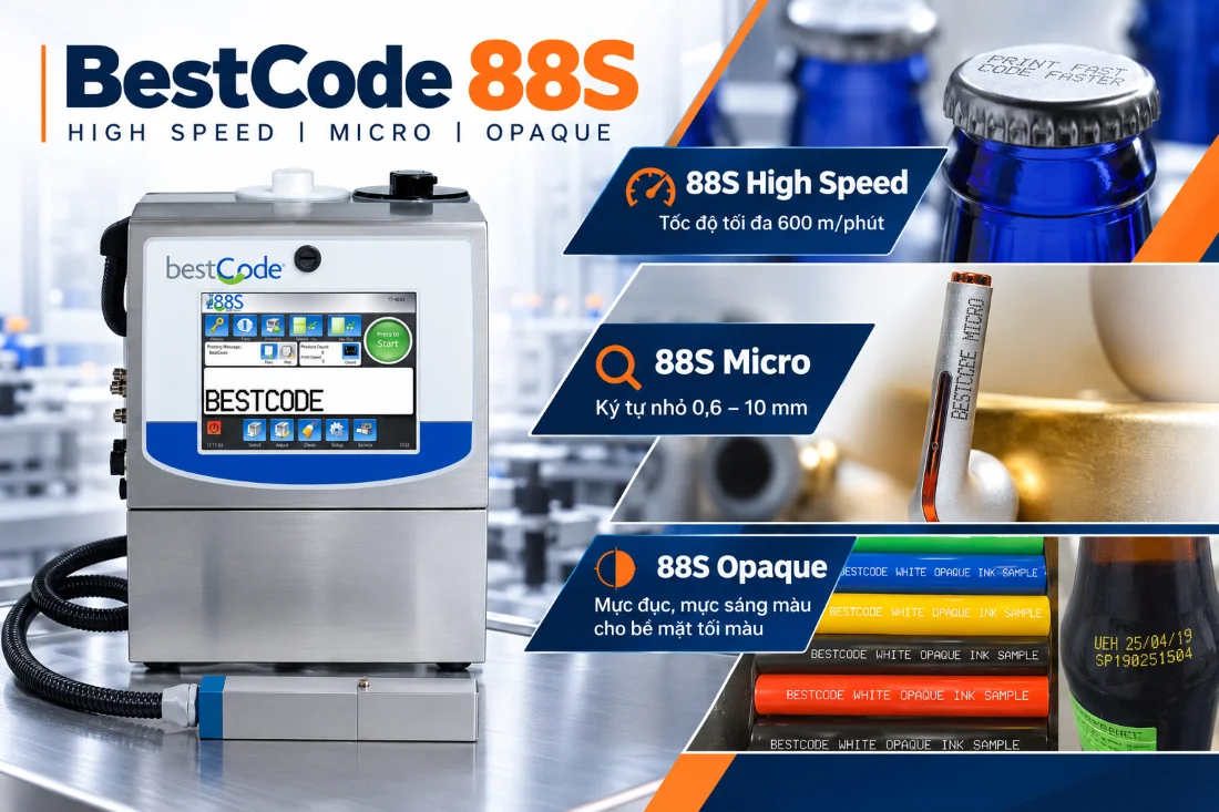 BestCode 88S – Giải pháp in phun CIJ tốc độ cao, ký tự nhỏ và mực đục cho tem nhãn