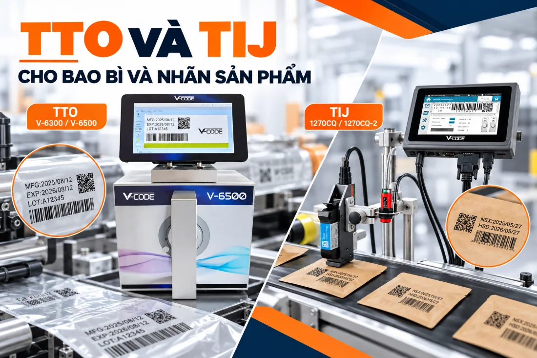 TTO và TIJ in mã QR, Barcode, NSX/HSD trên bao bì và nhãn sản phẩm