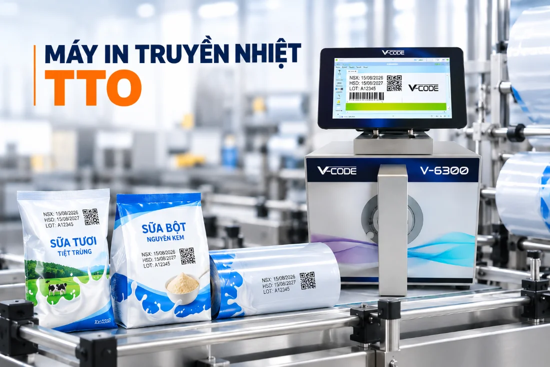 Máy in TTO in NSX, HSD, LOT và mã QR trên bao bì sữa