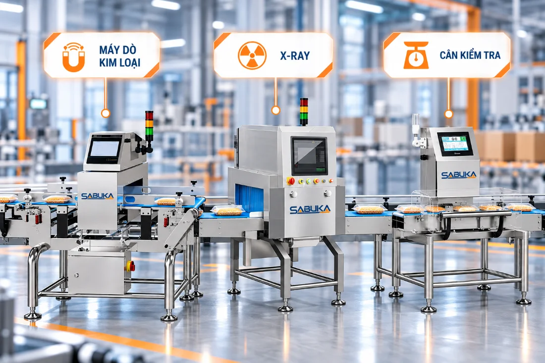 Dây chuyền kiểm tra sản phẩm tích hợp máy dò kim loại, X-ray và cân kiểm tra