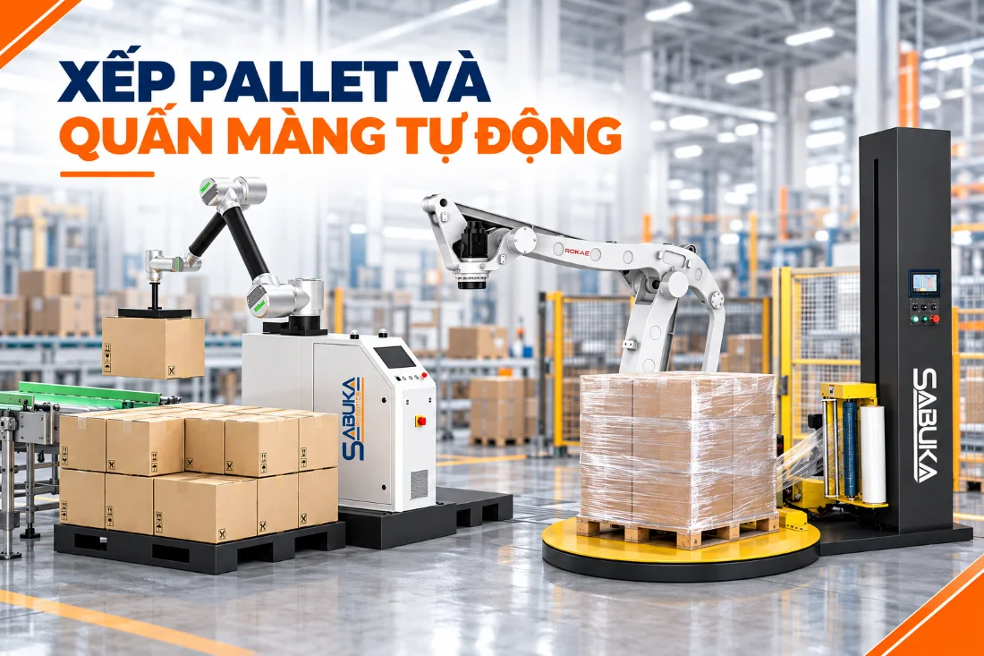 Robot xếp pallet và máy quấn màng tự động cho thùng carton