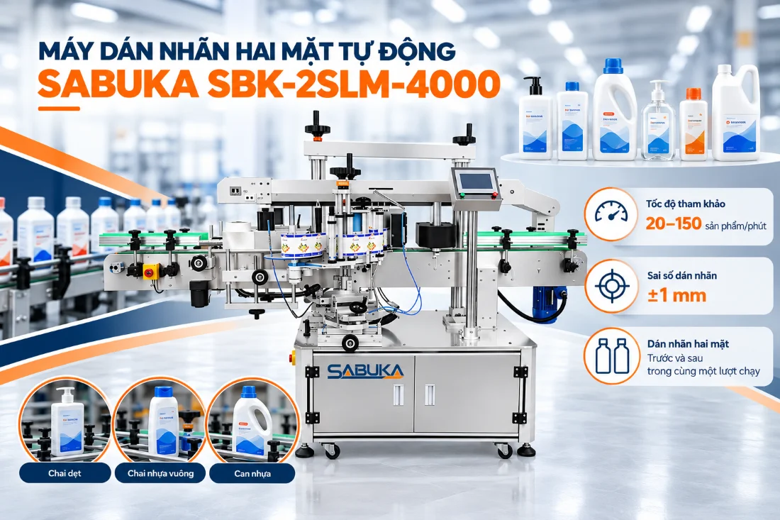 Máy dán nhãn chai nhựa hai mặt tự động Sabuka SBK-2SLM-4000