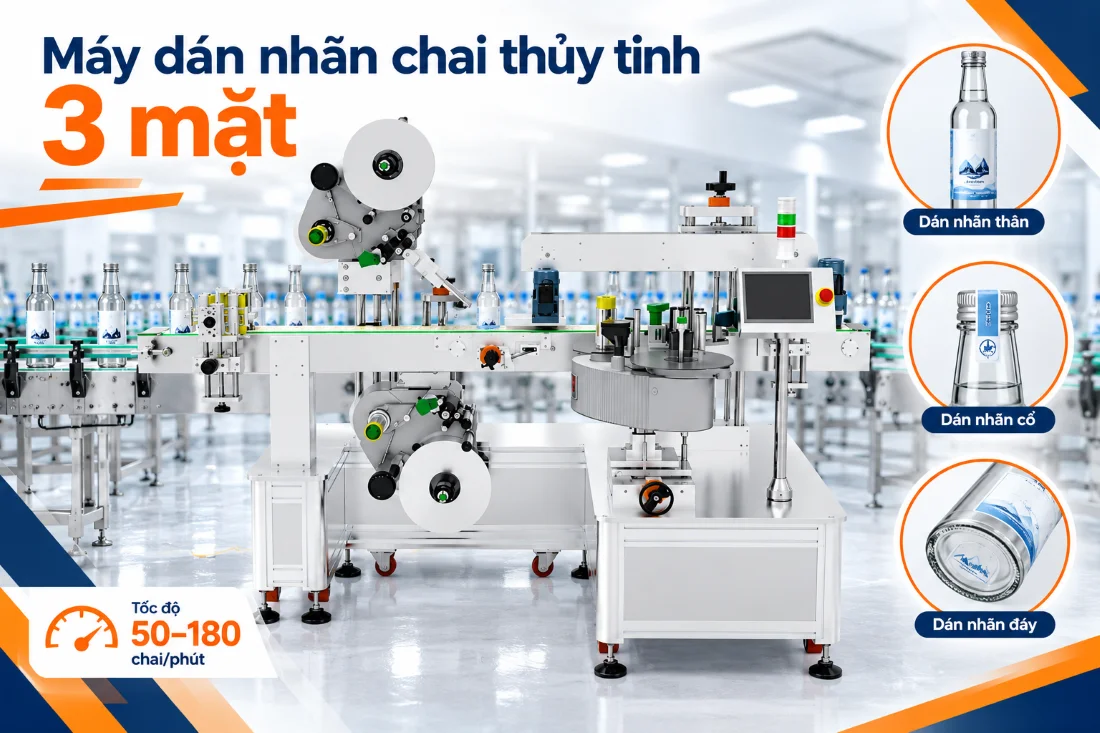 Máy dán nhãn chai nước suối thủy tinh 3 mặt