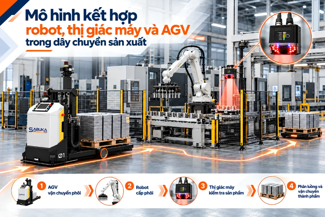 Mô hình kết hợp robot, thị giác máy và AGV trong dây chuyền sản xuất