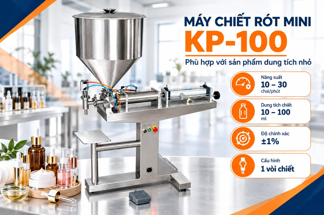 Máy chiết rót dung dịch mini KP-100 với sản phẩm dung tích nhỏ