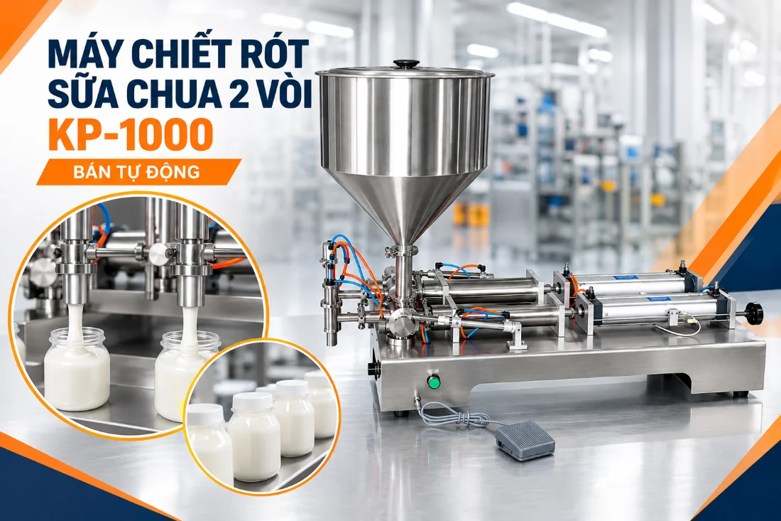 Máy chiết rót sữa chua 2 vòi bán tự động KP-1000 tiết kiệm diện tích