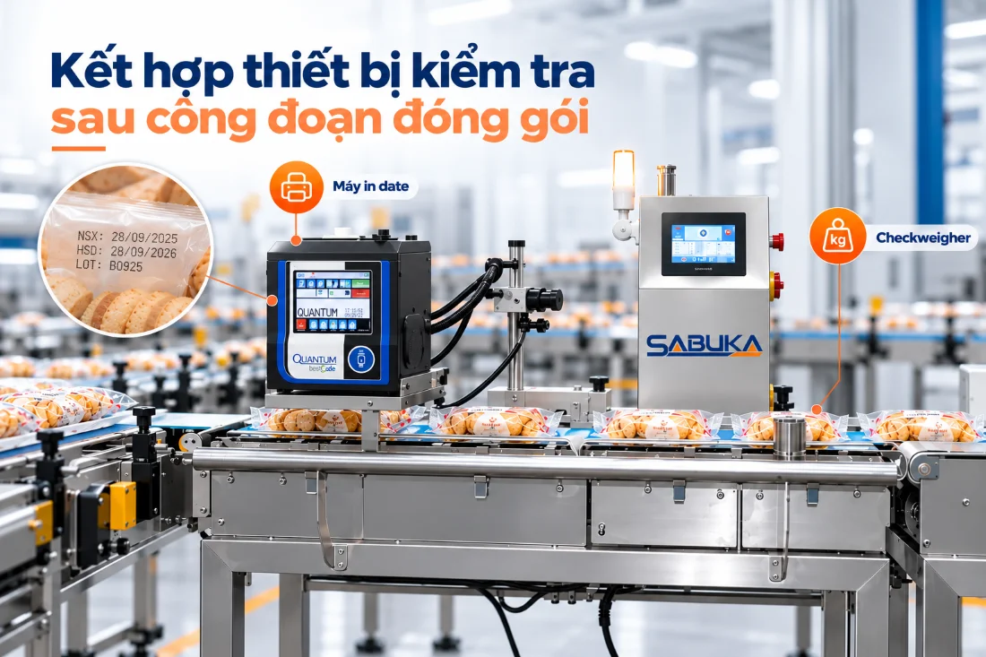 Máy in date và checkweigher kiểm tra thành phẩm sau công đoạn đóng gói
