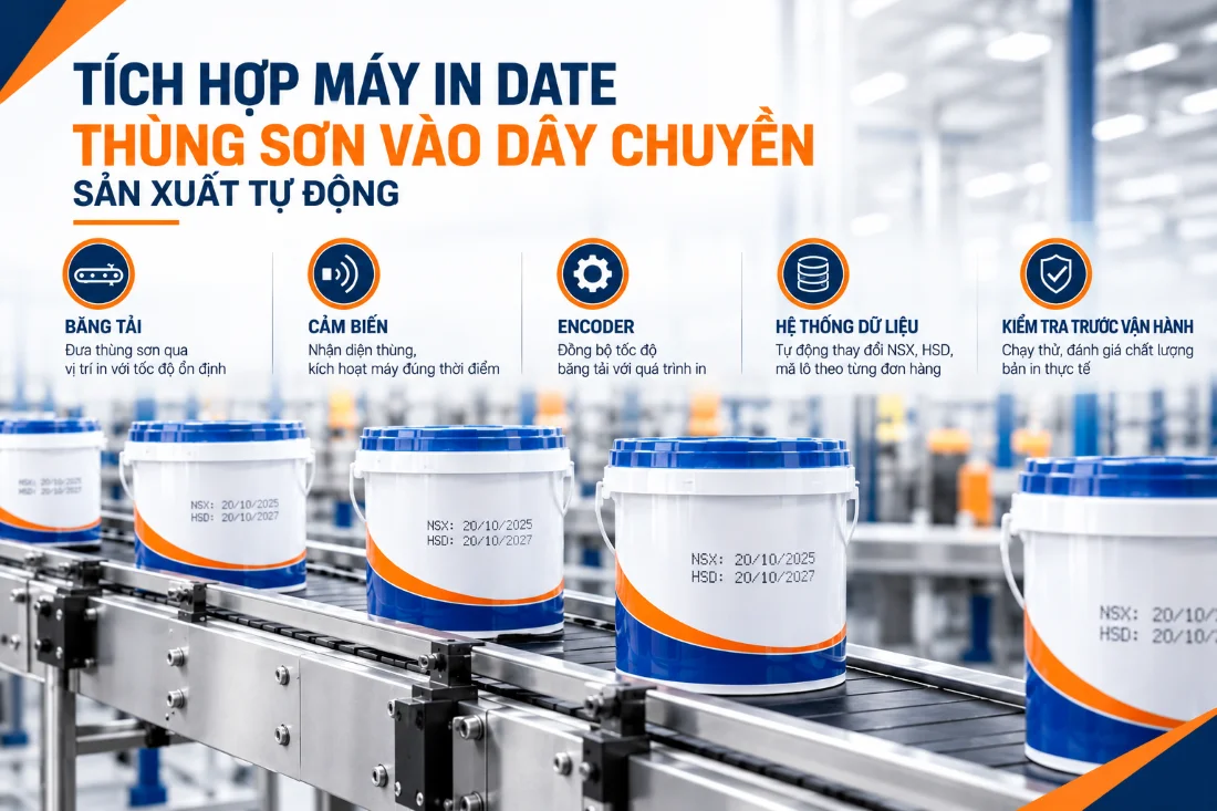Tích hợp máy in date thùng sơn vào dây chuyền sản xuất tự động