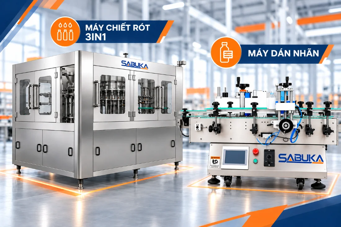 Hệ thống máy chiết rót và dán nhãn tự động cho dây chuyền sản xuất